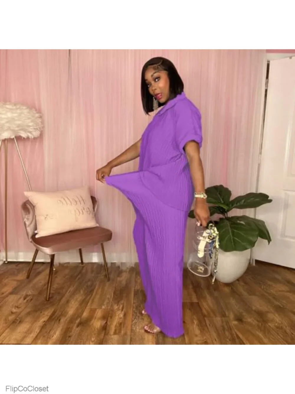 Women's 2 Piece Outfit Short Sleeve Button Down Shirt & Wide Leg Pants Set